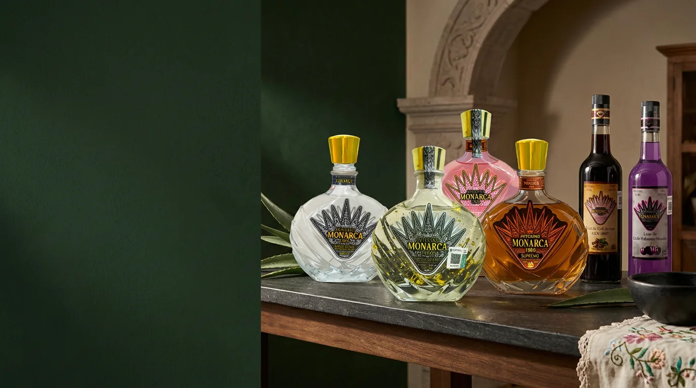 Las seis botellas Artesano Monarca en una elegante mesa de inspiración mexicana