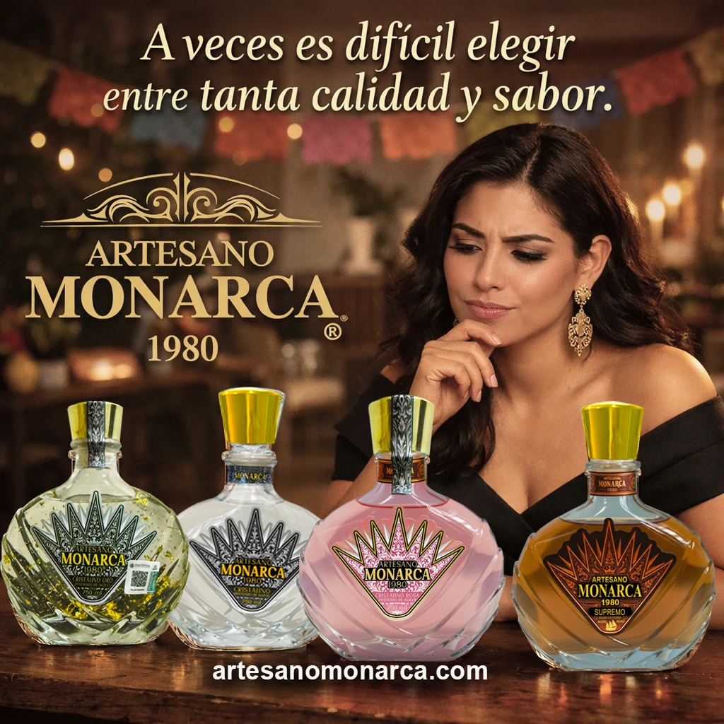 Una mujer junto a Cristalino Oro, Cristalino, Rosado y Supremo Artesano Monarca